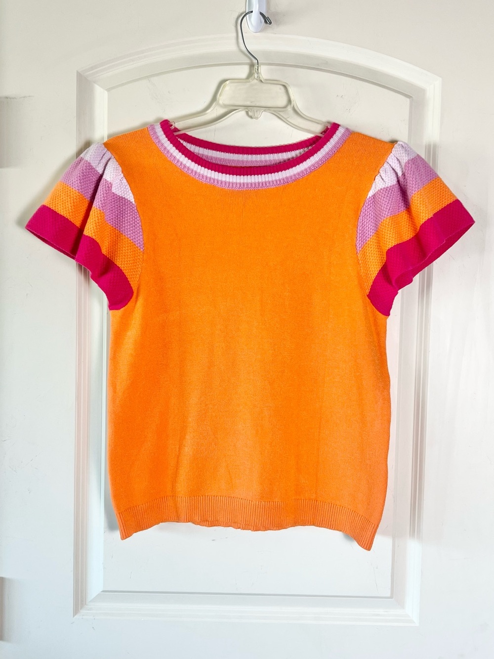 Vibrant Orange Knitted Crewneck Sweater Top Pink Purple Ruffled Sleeves large